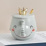 Arawat Lustige Tasse Groß Kaffeetasse mit Deckel Keramik Teetasse mit Löffel & Untersetzer 420 ml Kaffeebecher Witzige Tasse Espressotassen Kaffee Tasse Cappuccinotasse Geschenk (Elefant D)