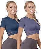 Damen 2er-Pack Crop Tank Top Cropped Kurzarm Oberteile Kurzarm Bauchfrei Top Sports Workout Yoga T-Shirts Marineblau/Lila-S