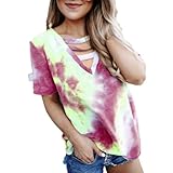 Damen Lose Plus Size Kurzarm T-Shirt Mode V-Ausschnitt Trend Persönlichkeit Tie-Dye Druck Lässig Pullover Top 4XL