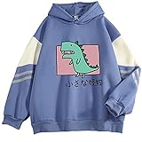 Harajuku Streetwear Damen Dinosaurier Hoodie Teenager Mädchen Cartoon Animal Print Pullover Niedlich LongColor Block Hooded Sweatshirt für Damen, B-Blau, 46