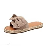 Schlappen Damen Espadrille Sandalen Flache Sommer Schleife Wildleder Sandaletten Peep Toe Plateau Strand Hausschuhe Pantoletten Bequeme Beige 39