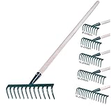KADAX Rechen aus Metall, Flache Harke mit Stiel aus Holz, Laubbesen für Garten, Beet, Laubrechen, Rasenrechen, grün, Gartengerät, Heurechen, Gartenwerkzeug, Gartenharke (12 Zinken)