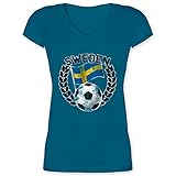 Fussball WM 2022 Fanartikel - Sweden Flagge & Fußball Vintage - 3XL - Türkis - Schweden - XO1525 - Damen T-Shirt mit V