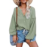 BDCUYAHSKL Herbst Und Winter Damenmode V-Ausschnitt Einfarbig Laterne Langarm Pullover Lose Einreiher Freizeithemd Top D