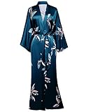 BABEYOND Damen Morgenmantel Blätter Muster Maxi Lang Robe Kimono Sommer Satin Bademantel Damen Strandkleid Leicht Schlafmantel (Dunkelgrün, Einheitsgröße)