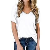 Masrin Damen T-Shirt Lässig Einfarbig Basic Tops Schlichte Einfachheit T-Shirts V-Ausschnitt Kurzarm Loose Tunika All-Match Bluse(L,Weiß)