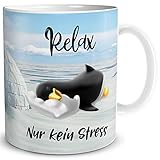 TRIOSK Pinguin Tasse Relax Kein Stress mit Spruch lustig Geschenk für Arbeit Büro Frauen Freundin Kollegin Pinguinliebhab