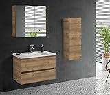 Badmöbel Set Waschbecken mit Unterschrank 85cm mit Spiegel 80cm Holz Optik MDF Holz Schlicht M