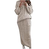 2PC Strick Pullover und Knitted Kleid, Damen Einfarbig Rundhals Langarm Zopfmuster Warm Zweiteiliger Rock Pullover Kleider und Bluse Sweater Pulli Homewear Anzug S