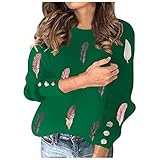 Damen Crewneck Langarm Knopf Feder Druck T Shirt Gepolstert Drop Shoulder Hooded Sweatshirt, Grün 1, 46