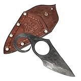 Handgeschmiedetes mittelalterliches Zweifingermesse Messer aus Federstahl am Hals gehalt und Echtledertasche in braun Farbe, für Liebhaber von G