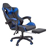 CO-Z Gaming Stuhl Ergonomischer Computer Spielstuhl Massage Leder Gamer Stuhl höhenverstellbarer Computerstuhl Bürostuhl, Schreibtischstuhl mit Kopfstütze, Armlehnen und Fußstützen (Blau & Schwarz)