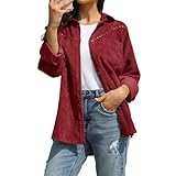 JJSUnS Damen Cordhemden mit Knopfleiste und langen Ärmeln, Kragen, V-Ausschnitt, übergroße Blusen mit Taschen, wein, M