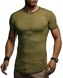 Leif Nelson Herren Sommer T-Shirt Rundhals Ausschnitt Slim Fit Baumwolle-Anteil Cooles Basic Männer T-Shirt Crew Neck Jungen Kurzarmshirt O-Neck Kurzarm Lang LN8294 Khaki M