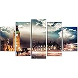 Laimi 5-teiliger Kunstdruck auf Leinwand, Frisches Aussehen, Wandbild, Big Ben von der Westminster Bridge Öl-Landschaftsbilder für zuhause, Moderne Dekoration für Wohnzimmer Ohne R