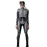 Lazzboy Halloween Kostüm Damen Body Skeleton Printed Cosplay Kostüme Anzug Frauen Overall Skelett Jumpsuit Knochen Karneval Fasching 3D Print Langarm Skinny Catsuit Legging S-XL (M,Schwarz)