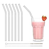 HALM Glas Strohhalme Wiederverwendbar Trinkhalm - 6 Stück gebogen 23 cm + plastikfreie Reinigungsbürste - Spülmaschinenfest - Nachhaltig - Glastrinkhalme Glasstrohalme für Smoothies, Long-Drink