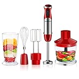 Bonsenkitchen Stabmixer 5-in-1 Set, 800W Anti-Splash Edelstahl Pürierstab mit 500 ml Food Chopper, 600 ml Becher, Schneebesen, Handrührer, Stufenlos Geschwindigkeiten, BPA-freier（Rot）