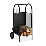 Relaxdays Kaminholzwagen mit Besteck, Brennholzkarre Stahl, Kaminbesteck 3-teilig, Schaufel, Besen & Schürhaken, schwarz, 81 x 42 x 37