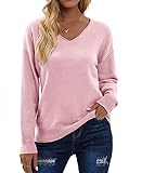 Kapoohott Damen Pullover Damen Winter Pulli Strickpullover Damen Vintage Sweatshirt Langarm Oberteile Einfarbig Casual V-Ausschnitt（Hell-Pink，s）