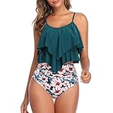 Durio Tankini Set Damen Badeanzug Push Up Bikini Set Sexy Bademode Zweiteilige Hohe Taille Swimsuit Grün u. Rosa 40-42