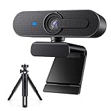 HD 1080P Webcam mit Stativ für PC, Autofokus USB Web Kamera mit Stereo Mikrofon und Abdeckung, Tragbar Streaming Webcam für Computer, Skype, YouTube Video, Zoom, Konferenz, Home Office(Schwarz)