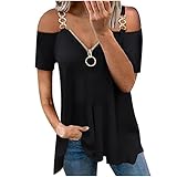 PWKNRD Damen Oberteile Lässiges Tunika Tops Sexy Schulterfrei Tshirt Spitze Kurzarm V-Ausschnitt Mode Bluse Tops Jumper mit Reißverschluss Streetwear Einfarbig Elegant Long