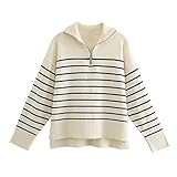 XuuuuLian Stricktop Für Damen Frauen Mode lose gestreifte Asymmetrie Strickpullover Vintage Langarm-Reißverschluss Weibliche Pullover Chic Tops (Color : White, Size : US-S)