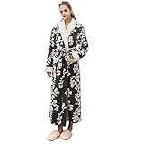 Bademantel Damen Morgenmantel Flanell Flauschig Lang Winter Warm Fleece Elegant Saunamantel mit Gürtel und Tasche Übergrößen Verlängerter Robe Duschmantel mit Blumendruck Nachtwäsche H