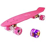 hausmelo Skateboard Mini Cruiser Retro Board Komplettboard für Anfänger Kinder Jugendliche und Erwachsene, 22 Zoll Komplett Board 57x16cm mit ABEC-7 Kugellager, LED PU Leuchtrollen, T-Tool (Rosa)