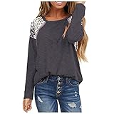 Damen Rundhals Leopard Print Patchwork Webband Langarm T-Shirt Top