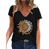 Tshirt Damen Sommer Sonne Mond Live By the Sun Dream By The Moon Vintage Kurzarm V Ausschnitt Oversized Lustige Drucken Rundhal Tops Mädchen Beiläufig Oberteile Shirts Bluse Sportshirt (5Schwarz,M)