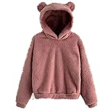 CPNG Women's Fall Winter Tops Long Sleeve Fleece Sweatshirt Warm Bear Shape Fuzzy Hoodie Pullover with Pocket (Pink, XXXL)