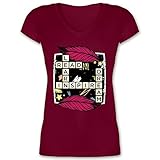 Scrabble Damen - Read - Learn - Inspire - Dream - 3XL - Bordeauxrot - Kurzarm - XO1525 - Damen T-Shirt mit V