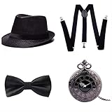 thematys® Al Capone Panamahut Gatsby Mafia Gangster 1920s 20er Jahre Kostüm Set Damen Herren Karneval Halloween Fasching Junggesellenabschied Hut + Fliege + Hosenträger + Taschenuhr - 20er Jahre (3)