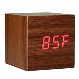 Zhou-YuXiang Kreative Nachttischuhr aus Holz führte Sprachsteuerung Digitalanzeige mit Thermometer Dual Power Supply Square Weck