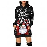 Weihnachten Hoodie Damen Kleid mit Kapuze Lang Weihnachtspullover Weihnachten Drucken Sweatshirts Kapuzenpullover Midi Pullover Weihnachtskleid Blusenkleider Herbst Winter Warm Komfortabel Partyk