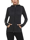 Sykooria Damen Laufjacke voll Reißverschluss Sportjacke leichte atmungsaktiv Langarm Kapuzenpullover mit Daumenloch und Seitentasche Fitness Schwarz, L