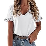 Damen T-Shirts Sommer,Damen Kurzarm Casual T-Shirts Sommer Rüschen Plain V-Ausschnitt Loose Fit T-Shirt Bluse Tops Tunika-Bluse Blusenshirt Blusehemd Kurzarm Tunika-Shirts Basic-S