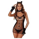 GBEN Sexy Dessous Damen FüR Sex UnterwäSche Weihnachten Dienstmädchen-Outfit Erotik Strapse Reizwäsche Nachtwäsche Aushöhlen Nachthemd + String + 1PC Kopfbedeckung + 2PC Armb