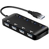 USB 3.0 Hub mit 4 Ports, Verteiler Datenhub Adapter mit Einzelnen Power Schalter und LED, Ultra Slim USB Verteiler für PC, Laptops, Unterstützt Windows 10, 8, 7, Vista, XP, Mac OS, Linux