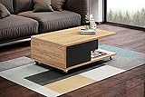 Design Couchtisch Tisch Vienna Wohnzimmertisch mit Rollen 90x60x38cm Staufach (Eiche Gold Craft/Schwarz matt)