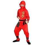 Widmann - Kinderkostüm Roter Ninja, Oberteil mit Kapuze, Hose, Gürtel, Gesichtsmaske, Arm- und Beinbänder, Karneval, Halloween, Kämp