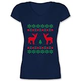 Weihnachten & Silvester Geschenke Party Deko - Norweger Pixel Rentier Weihnachten - M - Dunkelblau - Norweger Pullover Kinder - XO1525 - Damen T-Shirt mit V