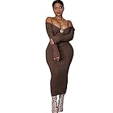 TWIFER V-Ausschnitt aus der Schulter 2021 Herbst Winter Langarm Bodycon Maxikleid (L, Kaffee)