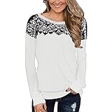 Damen Langarm T-Shirts Schwarze Spitze Tunika Rundhalsausschnitt Tops Elegante leichte Bequeme Oberteile Herbst Bluse R