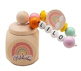 Milchzahndose mit Namen Mädchen Regenbogen bunt Holz blau Zahndose Milchzähne Geschenk Geburtstag Einschulung