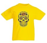 T-Shirt SCHÄDEL- Tag DER Toten- Tod- MEXIKANISCHER- Muertos- Skelett- Halloween in Gelb für Herren- Damen- Kinder- 104-5XL