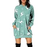 QI_LIANG Lässiges Weihnachtsfrauen übergroßes mittellanges Taschenkleid Mode Langarm Kordelzug Hoodies Pullover B