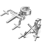 JewelryWe Schmuck Herren Damen Ohrringe, Punk Stil 3 Kreuze Kette Ohrhänger Creolen Ohrstecker, Edelstahl, Silb